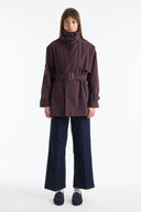 Stand-up Collar Plaid Patterned Trench Coat - Red