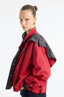 Plaid Shawl Detail Epaulet Stand-Up Collar Jacket - Red