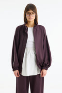Mock Neck Contrast Trim Comfortable Trousers Set - Plum