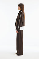 Stand-up Collar Contrast Striped Trouser Set - Brown
