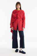 Shoulder Shawl Detailed Belted Jacket - Red