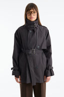 Stand-Up Collar Plaid Lined Trench Coat - Navy Blue