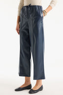 Fleece-Lined Faux Leather Trousers - Navy Blue