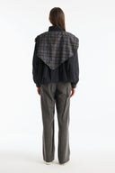 Plaid Shawl Detail Epaulet Stand-Up Collar Jacket - Black