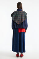 Plaid Shawl Detail Epaulette Stand-Up Collar Jacket - Navy Blue