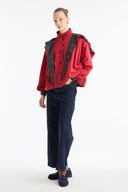 Plaid Shawl Detail Epaulet Stand-Up Collar Jacket - Red