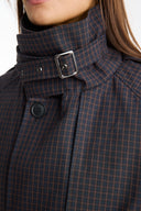 Stand-Up Collar Plaid Lined Trench Coat - Brown