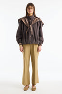 Plaid Shawl Detail Epaulet Stand-Up Collar Jacket - Brown