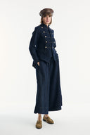 Button-Front Stitched Detail Denim Set with Trousers