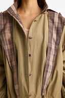 Plaid Shawl Detail Epaulet Stand-Up Collar Jacket - Khaki