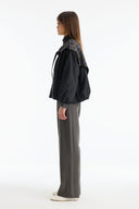 Plaid Shawl Detail Epaulet Stand-Up Collar Jacket - Black