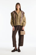 Plaid Shawl Detail Epaulet Stand-Up Collar Jacket - Khaki