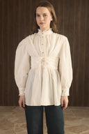 Tie-Waist Button-Down Ruffle Shirt