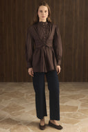 Tie-Waist Button-Down Ruffle Shirt