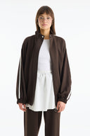 Stand-up Collar Contrast Striped Trouser Set - Brown