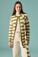 Scarf-Detail Striped Knitted Cardigan