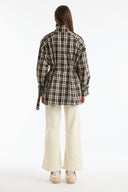 Stand-Up Collar Plaid Lined Trench Coat - Brown