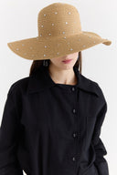 Wide-Brimmed Straw Hat with Stone Detail