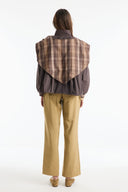 Plaid Shawl Detail Epaulet Stand-Up Collar Jacket - Brown