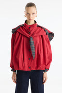 Plaid Shawl Detail Epaulet Stand-Up Collar Jacket - Red