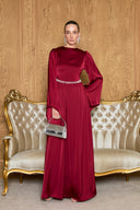 Cavin Belted Ruched Chain-Detail Satin Dress