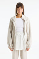 Relaxed Fit Stand Collar Contrast Trim Trouser Set - Beige