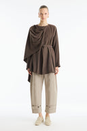 Belted Jacket with Shoulder Shawl Detail - Brown