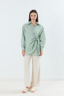 Cole Front Button-Down Gold Dacron Shirt with Ruched Detail