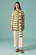 Scarf-Detail Striped Knitted Cardigan