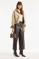 Fleece-Lined Faux Leather Trousers - Brown