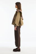 Plaid Shawl Detail Epaulet Stand-Up Collar Jacket - Khaki