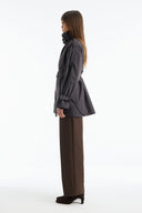 Stand-Up Collar Plaid Lined Trench Coat - Brown
