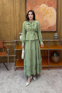 Narrow Collar Strap-Detail Ruffled Set