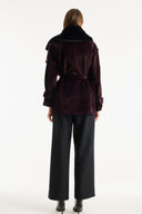 Collar Fur Detailed Suede Jacket - Burgundy