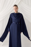 Cowl Neck Evening Dress with Shoulder Cape