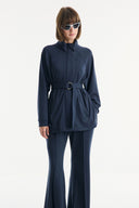 Belt Detail Stand-Up Collar Set with Comfortable Trousers