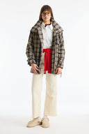 Stand-Up Collar Plaid Lined Trench Coat - Brown