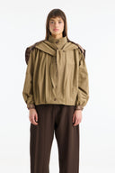 Plaid Shawl Detail Epaulet Stand-Up Collar Jacket - Khaki