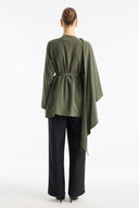 Belted Jacket with Shoulder Shawl Detail - Khaki