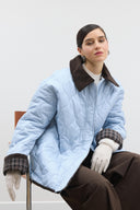 Plaid Quilted Coat with Velvet Trim