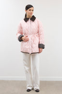 Plaid Quilted Coat with Velvet Trim