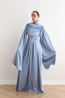 Evelyn Cape-Sleeve Satin Dress