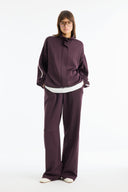 Mock Neck Contrast Trim Comfortable Trousers Set - Plum