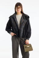 Plaid Shawl Detail Epaulet Stand-Up Collar Jacket - Black