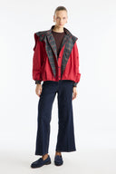 Plaid Shawl Detail Epaulet Stand-Up Collar Jacket - Red
