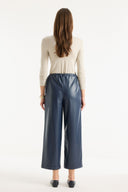 Fleece-Lined Faux Leather Trousers - Navy Blue