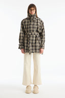 Stand-Up Collar Plaid Lined Trench Coat - Brown