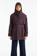 Stand-up Collar Plaid Patterned Trench Coat - Red