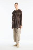 Belted Jacket with Shoulder Shawl Detail - Brown