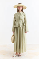Cuffed Embroidered Detail Linen Skirt Set